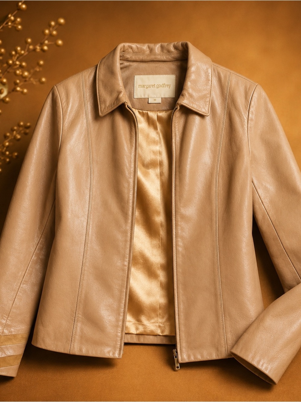 Women’s Tan 100% real Leather Jacket with Chevron Sleeve Detail 🍁capsule dream!